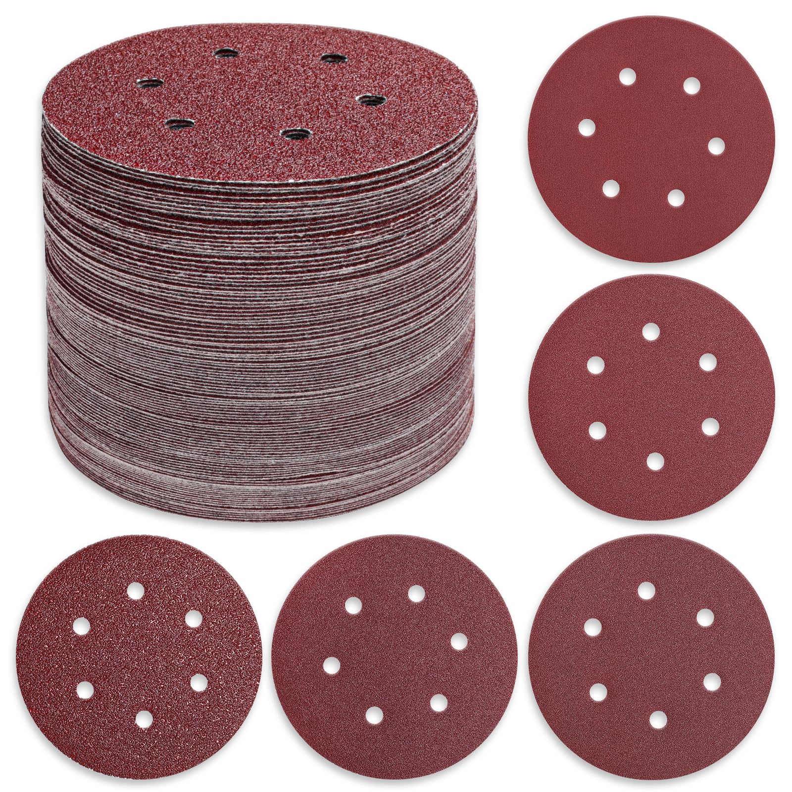 110 PCS 6 Inch 6-Hole Sanding Discs, Round Hook and Loop, Sandpaper for Random Orbital Sander 60 80 120 240 400 Grits, Sand Paper Assortment Pack